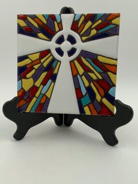 Vtg Earthtones Hand Glazed Colorful Mosaic Decorative Spiritual Cross Tile 6 X 6